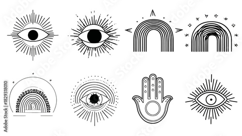Mystic Esoteric Boho Symbols Set. Hand Drawn Line Art Collection of Spiritual Evil Eye, Rainbow, Hamsa Hand, Celestial Elements.