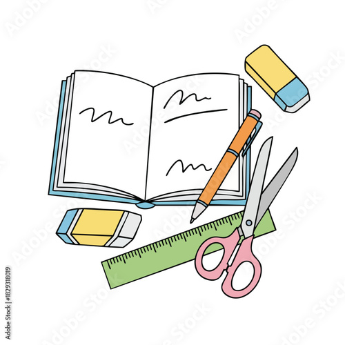 School Stationery Flatdesign Vector Illustration with Notebook Pencil Ruler Scissors Eraser