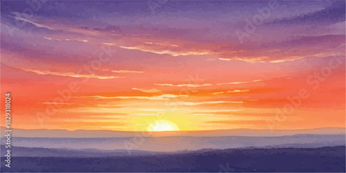 Vibrant sunset over a misty landscape watercolor illustration with warm and cool tones perfect for backgrounds and atmospheric designs