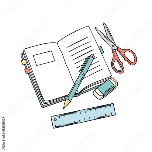 Stationery Education Flatdesign Vector Illustration with Notebook Pencil Scissors and Ruler