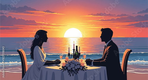 Couple Silhouette Enjoying a Romantic Seaside Dinner at Sunset with Wine