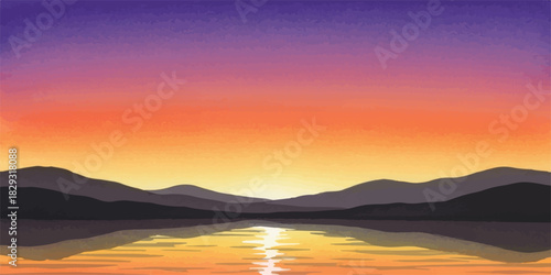 Scenic mountain range reflecting in calm water at sunset painted with watercolor creating a peaceful and serene landscape