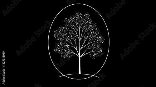 Elegant minimalist white tree illustration within an oval frame on a black background, stylized nature icon, design element.