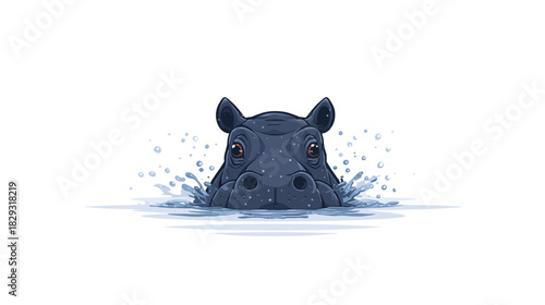 Adorable hippopotamus head peeking out of water with playful splashes, a charming wildlife illustration isolated on a white background.