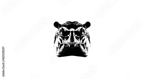 Striking black and white illustration of a hippopotamus head, front view, stylized graphic design element on white background.