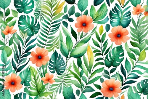 Tropical Leaves and Flowers Watercolor Seamless Pattern