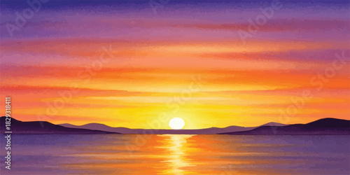 Vibrant sunset over the water with colorful sky and mountain silhouettes ideal for travel and nature themes