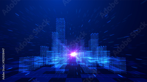 Blue violet futuristic cityscape with big data network flows vector background. Digital transformation metropolis skyline with data particles for technology presentations and fintech visualizations.
