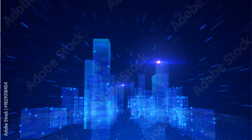Blue violet futuristic cityscape with big data network flows vector background. Digital transformation metropolis skyline with data particles for technology presentations and fintech visualizations.