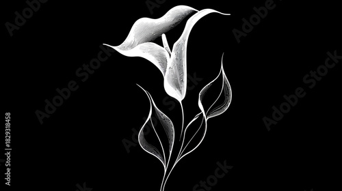 Elegant White Calla Lily Line Art Illustration. Minimalist Floral Sketch Design on Black Background. Modern & Sophisticated.