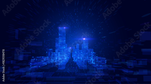 Blue violet futuristic cityscape with big data network flows vector background. Digital transformation metropolis skyline with data particles for technology presentations and fintech visualizations.
