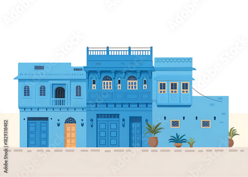 Jodhpur blue houses background with empty top space vector flat illustration