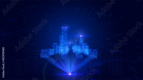 Blue violet futuristic cityscape with big data network flows vector background. Digital transformation metropolis skyline with data particles for technology presentations and fintech visualizations.