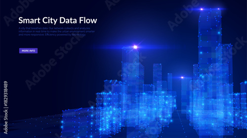 Blue violet futuristic cityscape with big data network flows vector background. Digital transformation metropolis skyline with data particles for technology presentations and fintech visualizations.