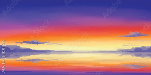 Colorful sunset over calm water vector illustration of vibrant sky and clouds reflecting perfect for backgrounds
