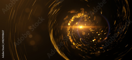 Burning golden glowing bokeh spiral particles luxury vector effect. Dramatic light background for glamorous events. Perfect wedding invitation and festive decoration concept.