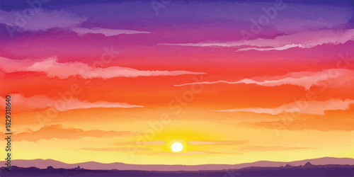 Colorful sunset landscape illustration with vibrant sky and distant mountains perfect for background or wallpaper use