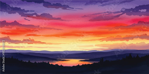 Vibrant sunset over a tranquil lake featuring colorful clouds and distant mountains ideal for travel and nature themes
