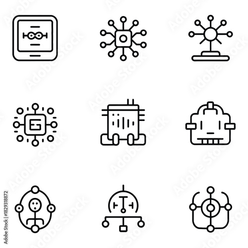 Set of nine abstract technology and network icons in outline style vector illustration