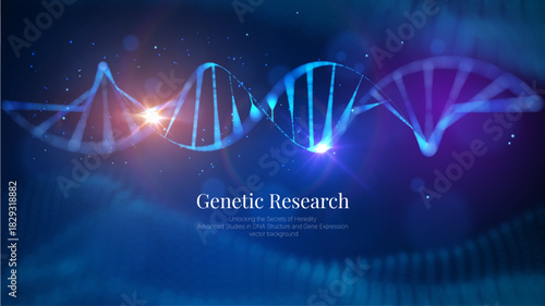 Futuristic DNA strand made of glowing particles. Concept of genetic engineering biotechnology and digital science data. Genomic sequence medical research background. AI tech Innovation vector backdrop