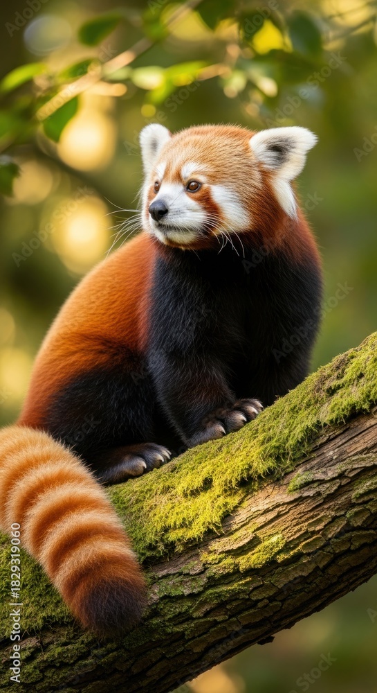 Obraz premium A charming red panda sits peacefully on a moss covered tree branch.