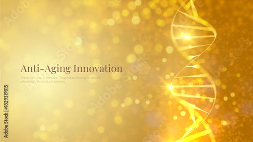 Golden DNA strand with collagen molecules glowing particles. Advanced skincare genetics biotechnology and anti-aging science concept. Luxury cosmetic medical research background.