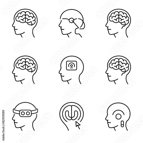 Human Head Brain And Technology Interface Icons vector illustration