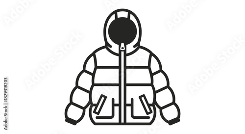 simple illustration of a hooded puffer jacket front view black and white design silhouette