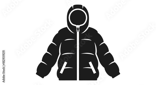 a sleek black puffer jacket design with a hooded form shown in simple silhouette