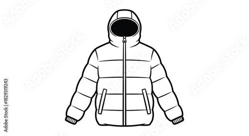 A black and white illustration depicts a puffy winter jacket hooded and detailed silhouette