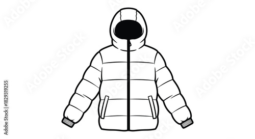 a simple black and white drawing of a puffy winter jacket shown as a silhouette