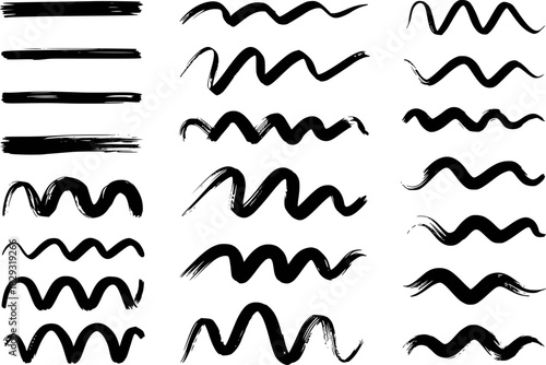 Collection of Black Brush Stroke Lines and Wavy Strokes on White Background