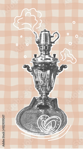A cozy Russian tea party with a samovar and pretzels. A trendy halftone collage with a grainy photocopy effect for flyers, banners, and social media.