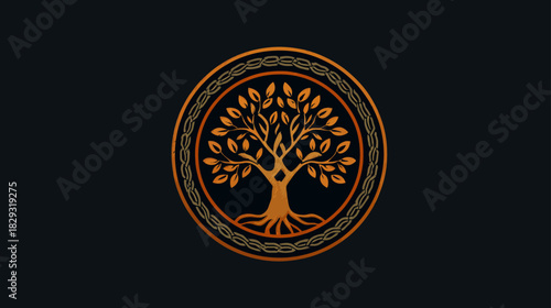 Stylized golden tree in a circular Celtic knot frame on dark, representing nature, growth, and heritage