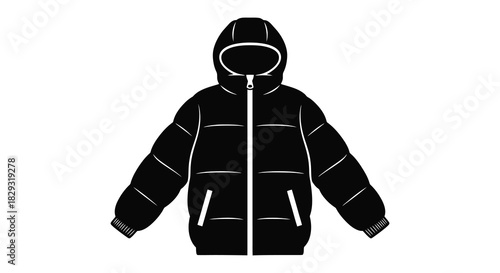 a striking black and white illustration of a puffy hooded jacket a simple silhouette