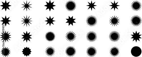 Collection of Black Starburst and Circular Shapes on White Background