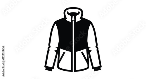 A simple black and white illustration of a winter jacket displayed as a silhouette
