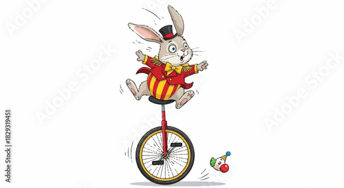 Happy Cartoon Rabbit Acrobat Wearing a Circus Costume and Juggling on a Unicycle, Entertainment Mascot