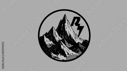 Rugged mountain peak and lightning bolt vector graphic in a circular badge design, adventure and nature concept illustration.