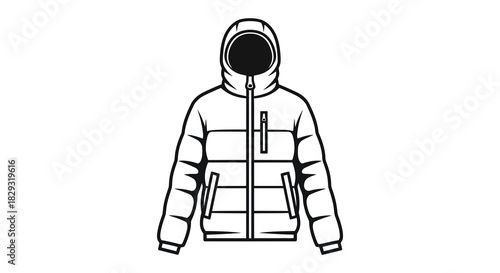 Detailed illustration of a puffy winter jacket with a hood and zipper silhouette