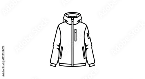 A detailed line drawing of a hooded jacket showcasing its design and features silhouette