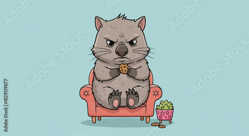 Angry and Grumpy Wombat Character Sitting on a Red Couch or Sofa, Domestic Animal Mood Illustration