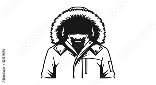 A striking black and white illustration of a person in a hooded parka silhouette