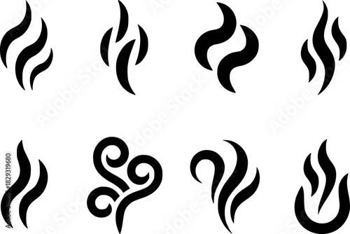 Collection of Stylized Black Smoke and Steam Icons on White Background
