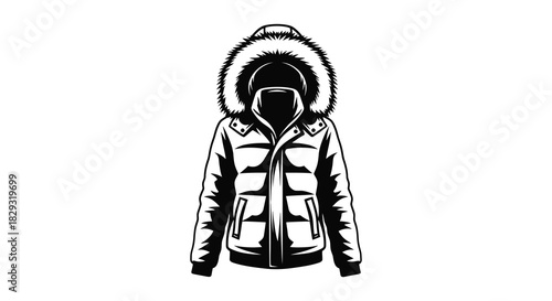 Detailed illustration of a winter parka with a fur lined hood showcasing a stark silhouette