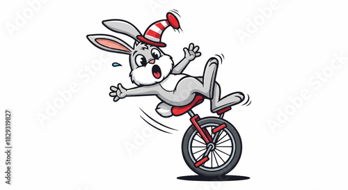 Energetic Cartoon Rabbit Character Performing Acrobatics and Balancing on a Small Unicycle, Circus Performer
