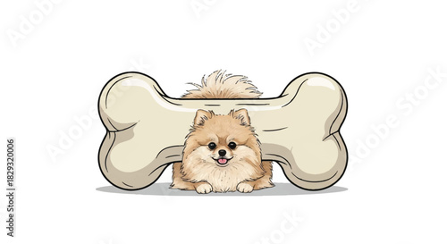 Cute Fluffy Pomeranian Puppy Dog Peeking Out From Behind a Giant Bone, Adorable Pet Illustration