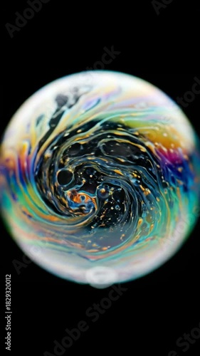 Abstract Macro Close Up Of A Soap Bubble Showing Swirling Colors And Patterns Against A Black Background