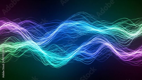 Abstract Glowing Waveforms on Dark Background with Blue Green and Purple Lights