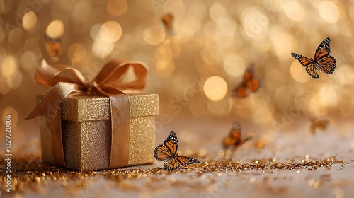 Golden glitter gift box with monarch butterflies and sparkling bokeh background.